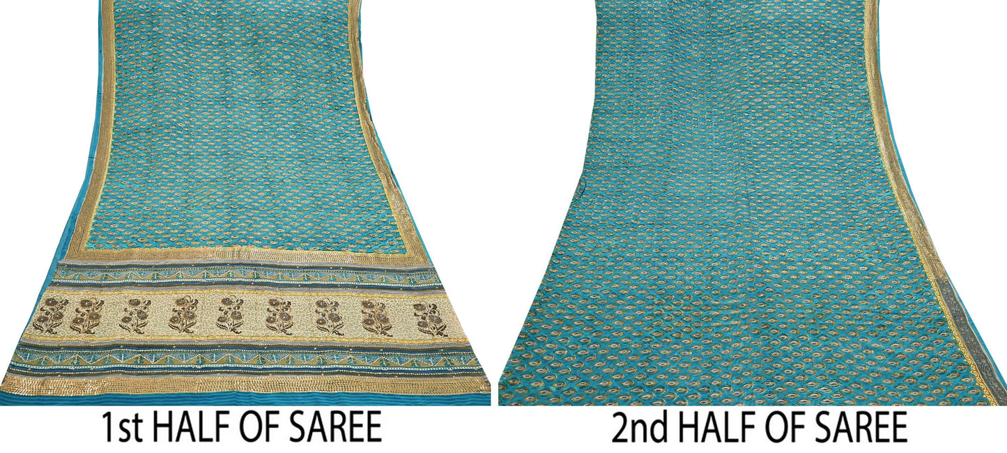 Vintage Turquoise Pure Crepe Silk Saree Hand Embroidered Floral Fabric 5Yds Indian Dressmaking, Quilting Craft Material