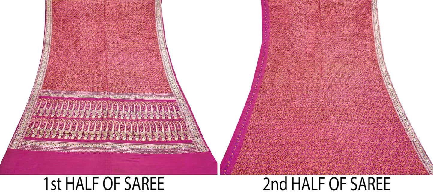 Indian Vintage Sari Pink Heavy Pure Satin Silk Woven Banarasi Tanchoi Saree 5Yd Ethnic Craft Fabric Upcycle Bridal Heavy Sarees