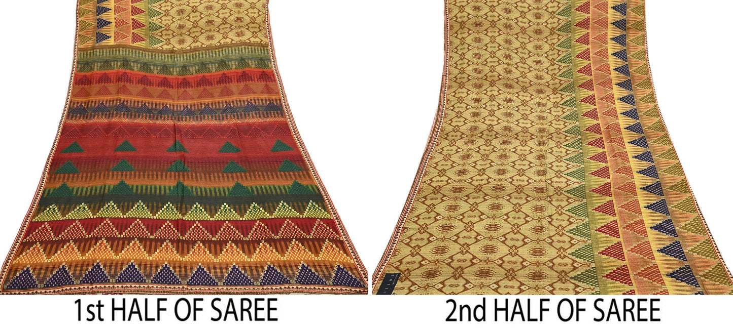 Indian Vintage Multi Saree Pure Khadi Silk Handloom Printed Sari Fabric 5yd Ethnic Wear Sari Floral Designs Dress making Crafting