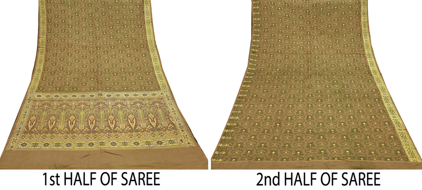Vintage Banarasi Saree Pure Satin Silk Woven Brocade Zari Fabric green Heavy Craft Sari 5 Yards Indian Antique Textile Dress Making