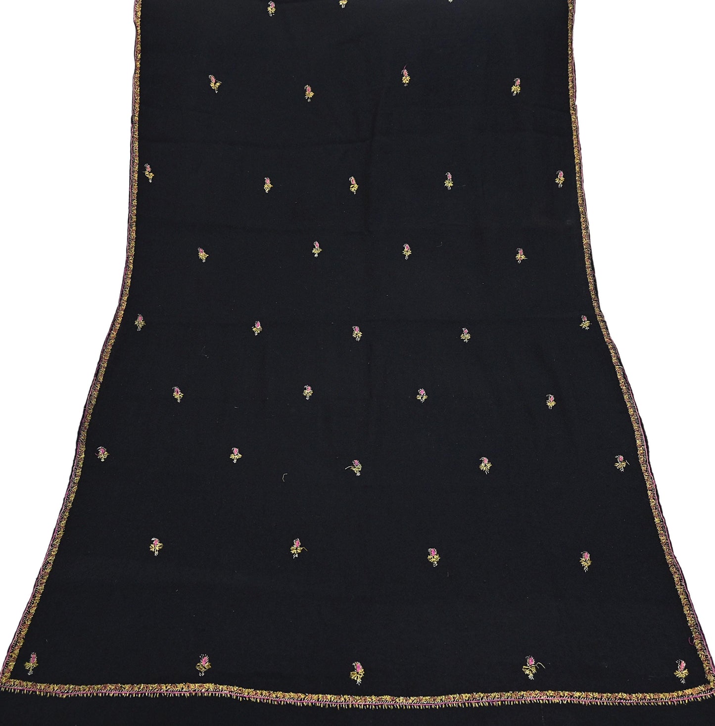 Indian Vintage Black Shawl Pure Woolen Handmade Suzani Long Throw Stole Warm Floral Design Soft Cozy