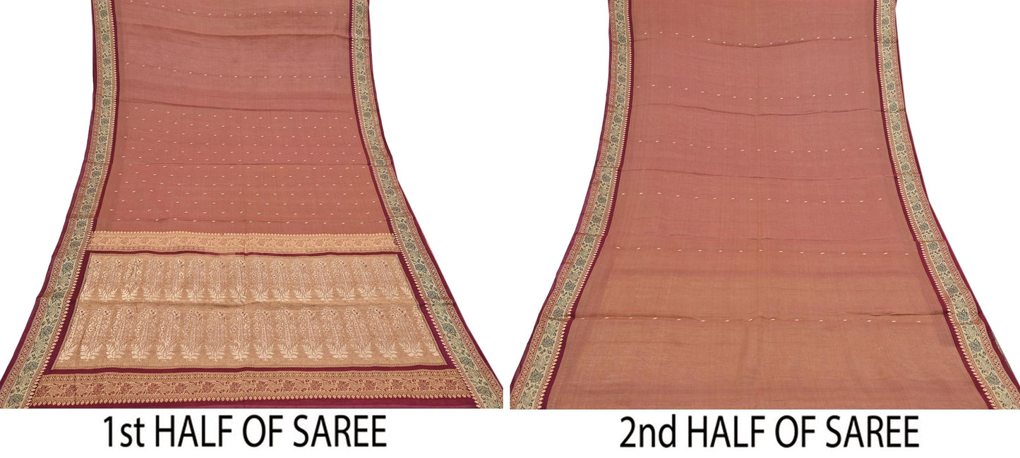 Indian Vintage Heavy Maroon Hand Woven Saree 100% Pure Silk Sari 5Yard Floral Dress making Crafting Quilting Upcycle