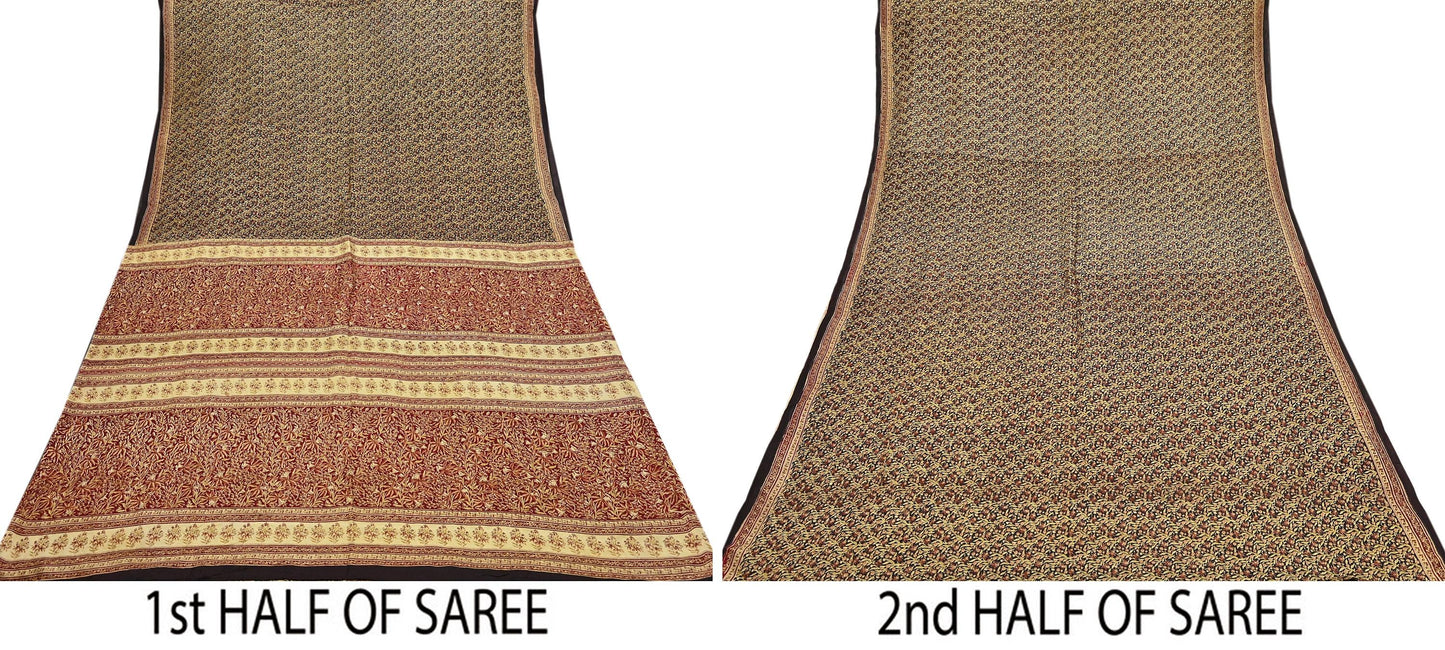 Indian Vintage Sari Maroon & Black 100% Pure Silk Printed Saree Craft Fabric 5yd Sewing Dress Making Soft Wrap Quilting Crafting Upcycle