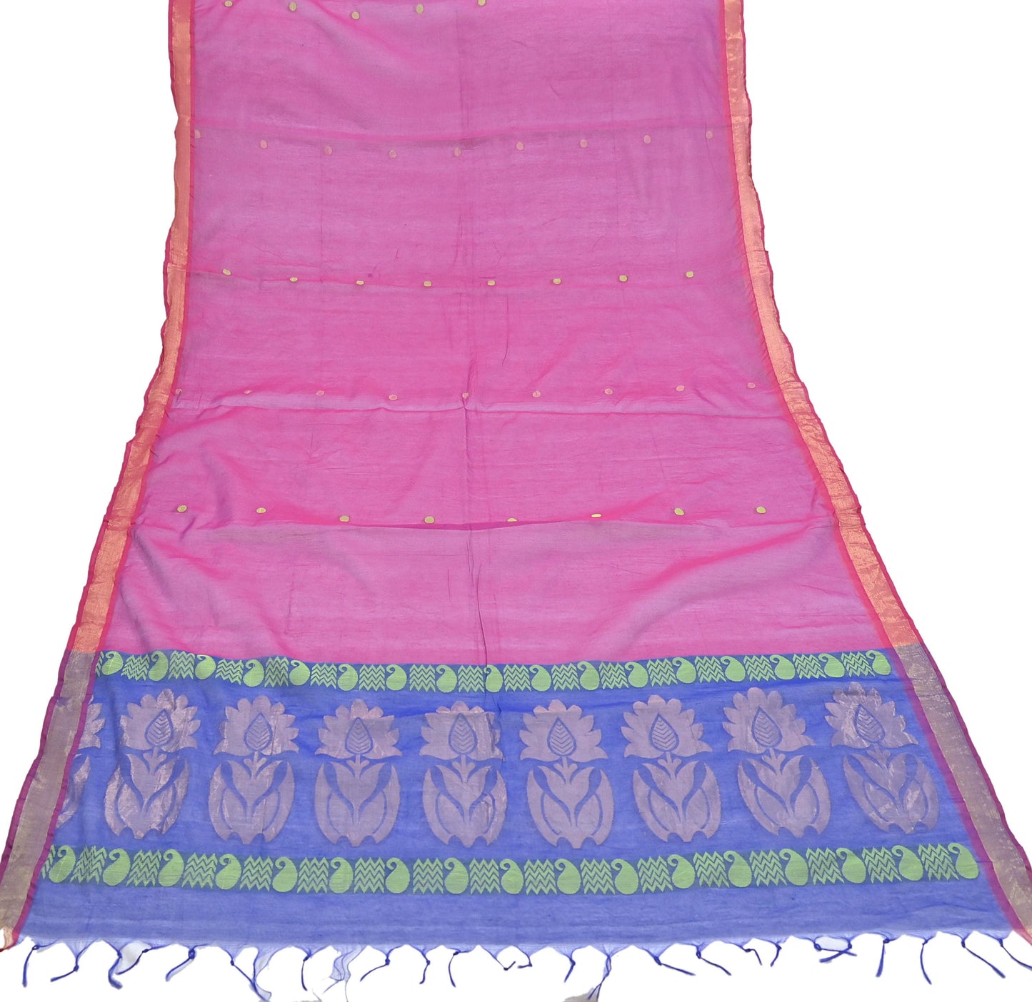 Indian Vintage Dupatta Blue & Pink Chanderi Long Stole Hand Embroidered Work Scarves Veil Zari Wrap Fringes
