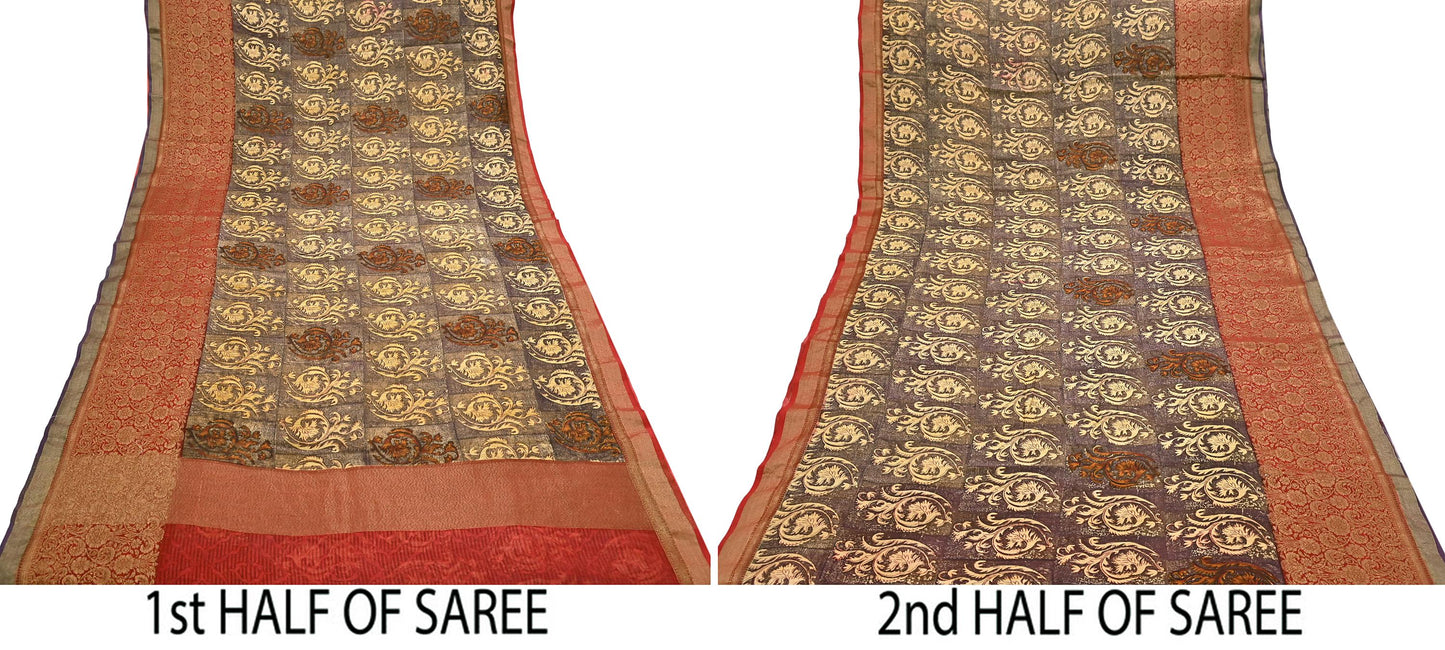 Indian Vintage Sari Brown beige chanderi Silk block Printed Saree 5Yd Fabric Floral Soft Zari Border Ethnic Upcycle Crafting Dress making