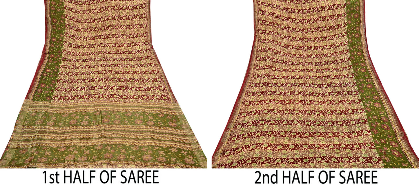 Indian Vintage Sari Yellow Printed Sari Blend Cotton Saree Fabric 5Yard Floral Soft Golden Zari Paisley