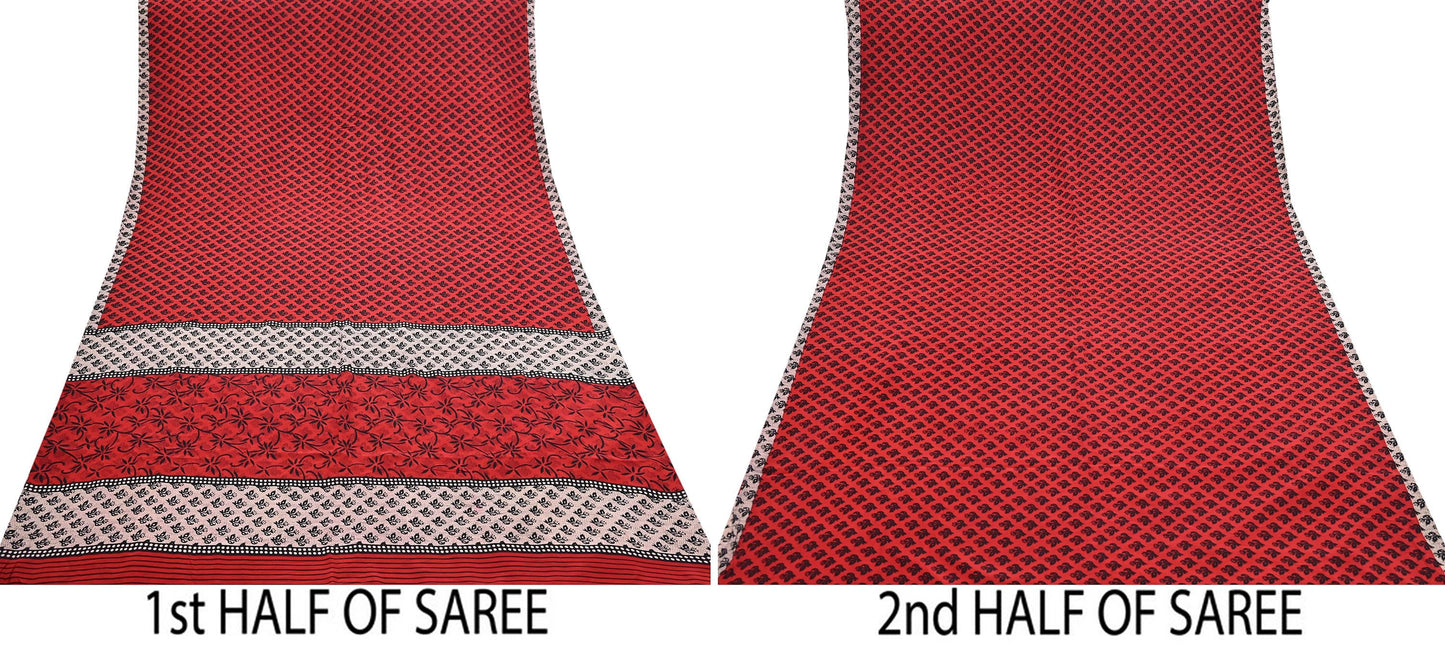 Indian Vintage Sari Black & Red Pure Crepe Silk Printed Saree 5yard Sewing Rose Flower Soft Craft Fabric Wrap