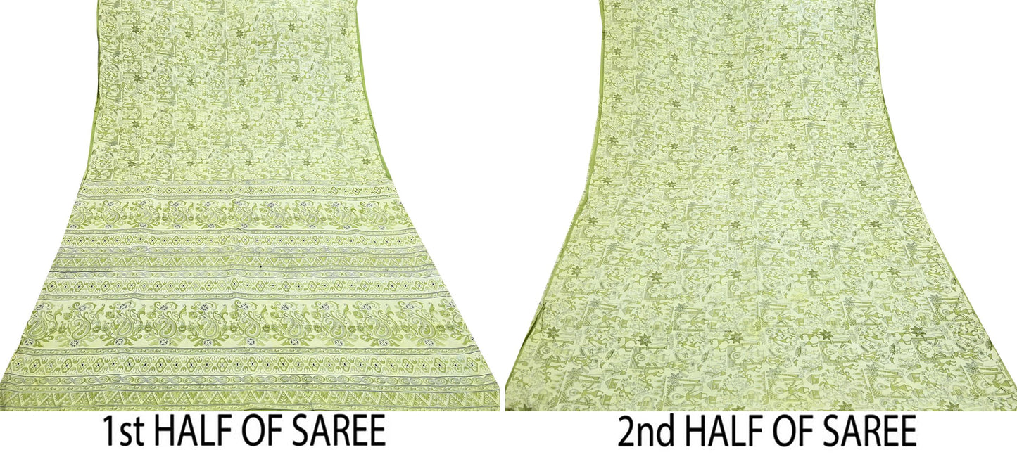 Indian Vintage Sari green & ivory Pure Silk Warli Printed Saree Craft Fabric 5Yd Dress making Sewing Dress making For Crafting Quilting