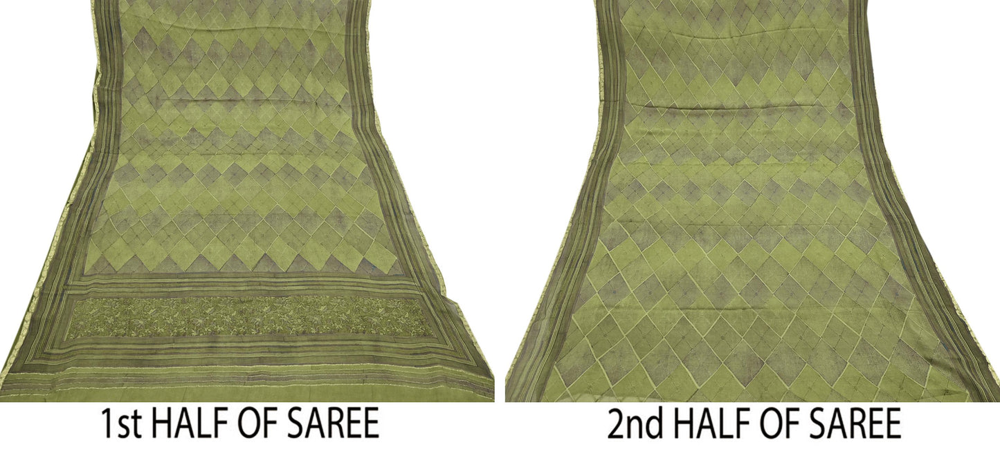 Women Vintage Sari Green 100% Pure Georgette Silk Printed Saree Craft Fabric Sewing 6Yd Soft Sari Dress Making Crafting Quilting