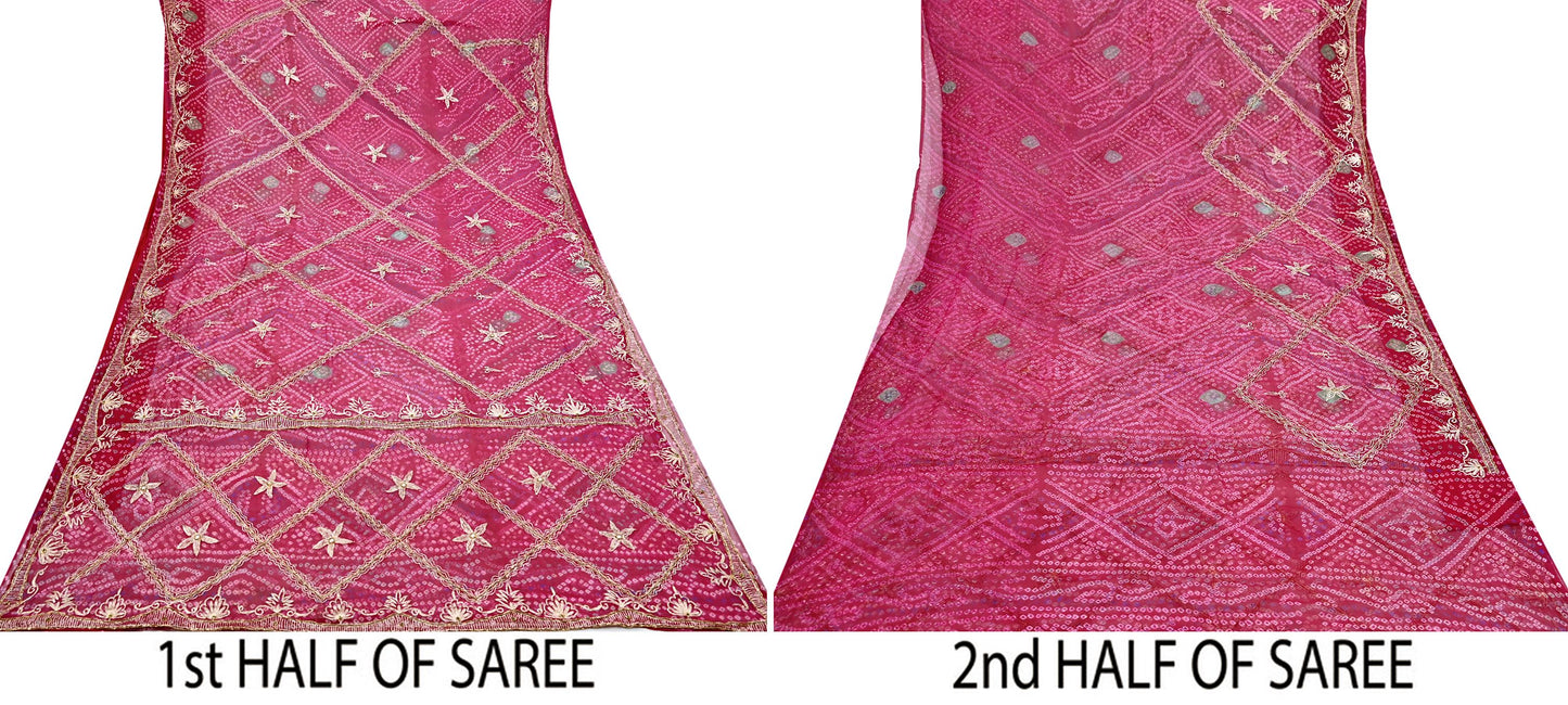 Indian Vintage Pink Saree Hand Embroidered Bandhani Printed Sari 100% Pure Georgette Silk Sari 5yd Soft Craft Fabric Dress making Dabka.