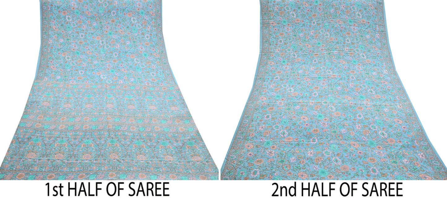 Indian Vintage Sari Blue Pure Crepe Silk Printed Saree 5yard Sewing Quilting Floral Soft Craft Fabric Wrap