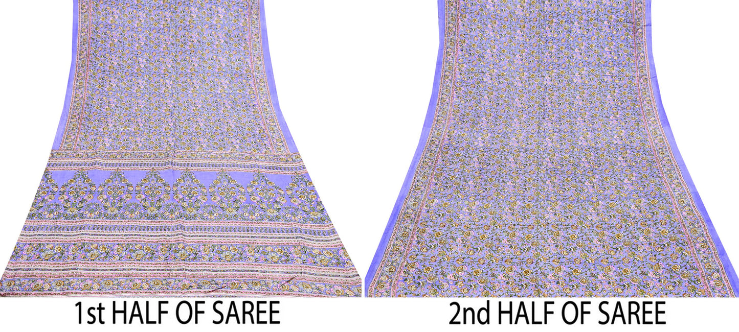 Indian Vintage Sari Purple 100% Pure Silk Printed Saree Craft Fabric 5yd Sewing Dress Making Soft Wrap Quilting Crafting Upcycle