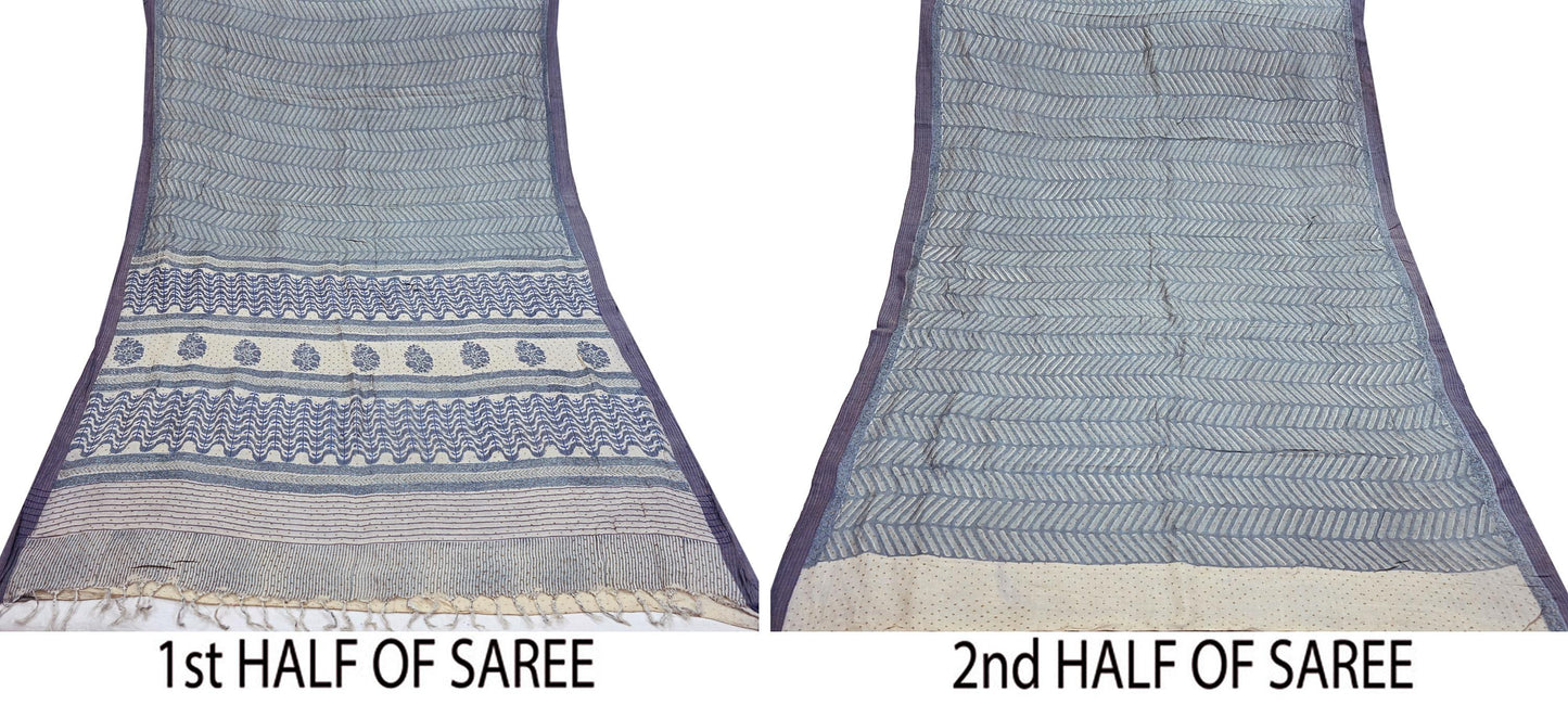 Indian Vintage Gray & Ivory Saree Pure Woolen Woven Printed Sari Warm Craft Fabric 6Yd Border Dress making Crafting Designing
