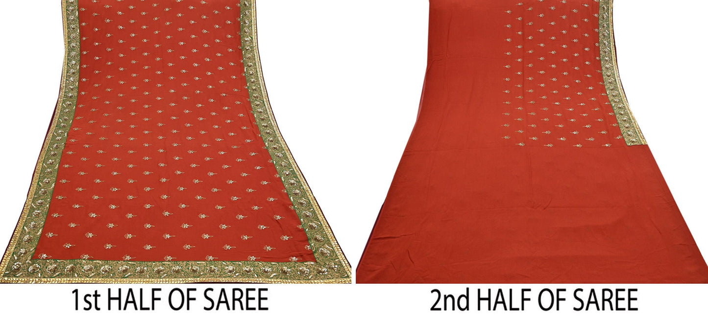 Indian Heavy Sari Orange Pure Georgette Silk Hand Embroidered Sarees Designer Sabyasachi 6Yd Sewing Ethnic Bollywood party wear saree