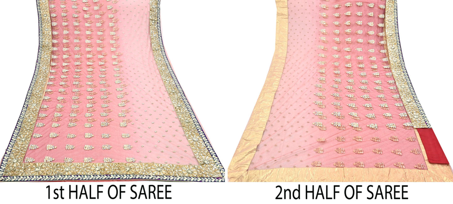 Indian Pre-Owned Sari Red & Peach Net/Mesh Hand Embroidered Designer Manish Malhotra Sarees 5Yd Ethnic Zardozi/Dabka Zari Wedding Saree