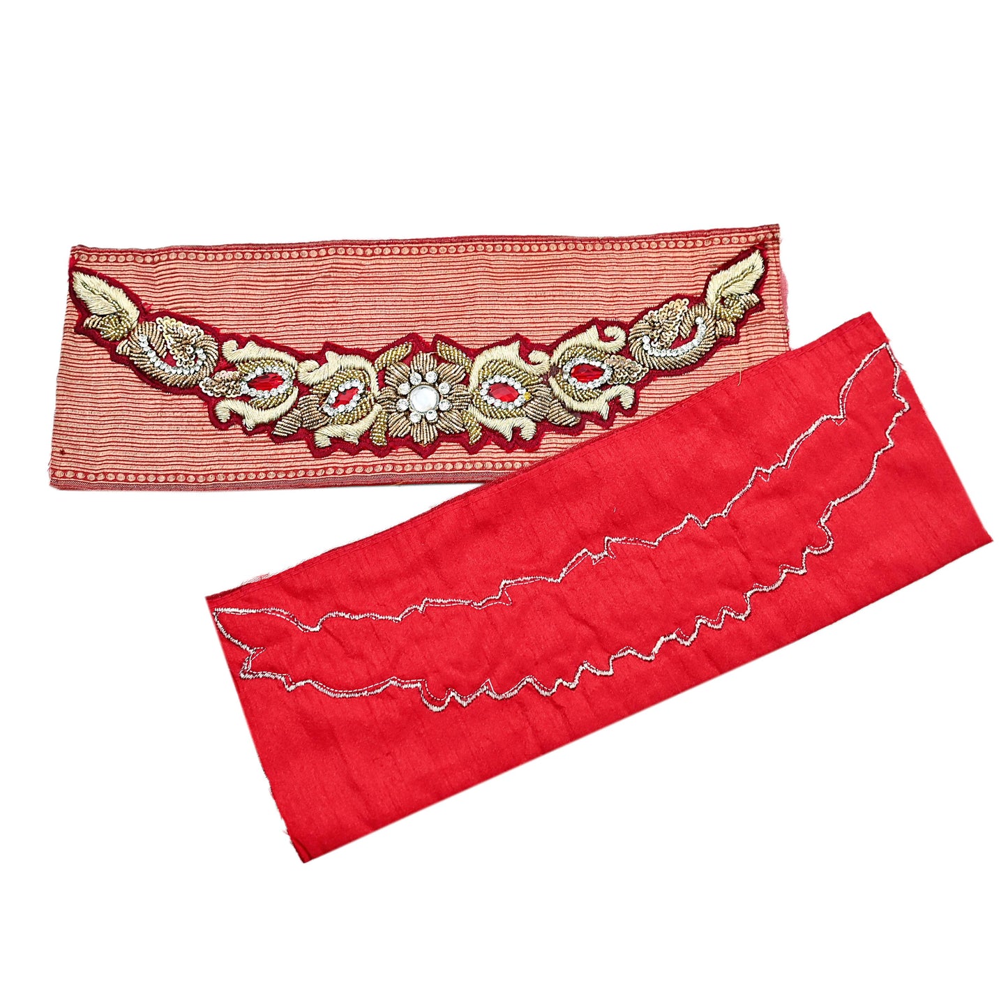 Indian Vintage Red Chanderi Appliques Set of 2 | Hand-Embroidered Floral Patches with Zardozi,Dabka, Zari,for Craft, Journals 13x4.5"