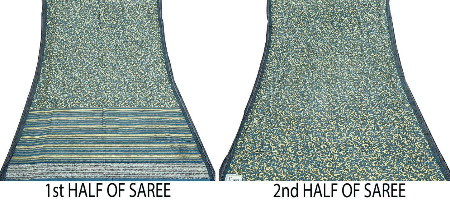 Indian Vintage Beige & Blue Saree Pure Woolen Woven Printed Sari Warm Craft Fabric 5Yd Border Dress making Crafting Designing