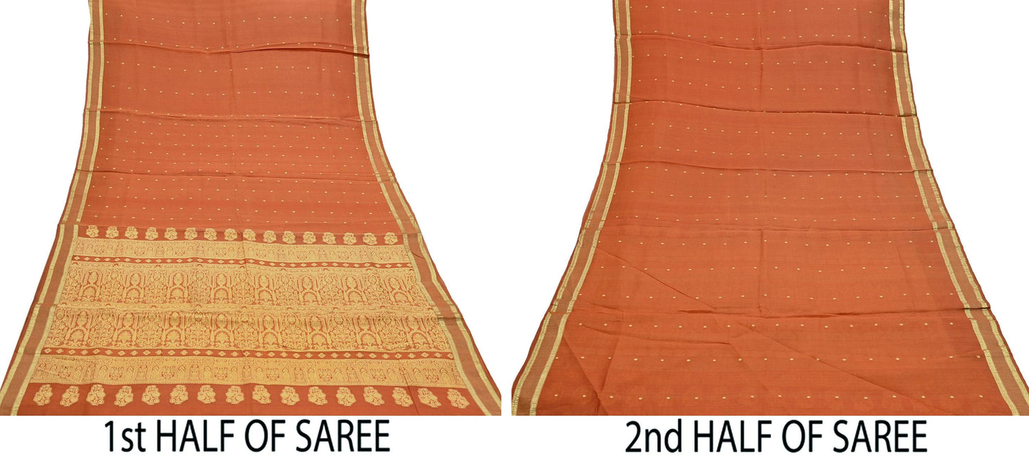 Indian Vintage Sari Orange 100% Pure Silk Hand Woven Sarees Craft Fabric 5Yd Ethnic Sewing Dress making Crafting Quilting Upcycle