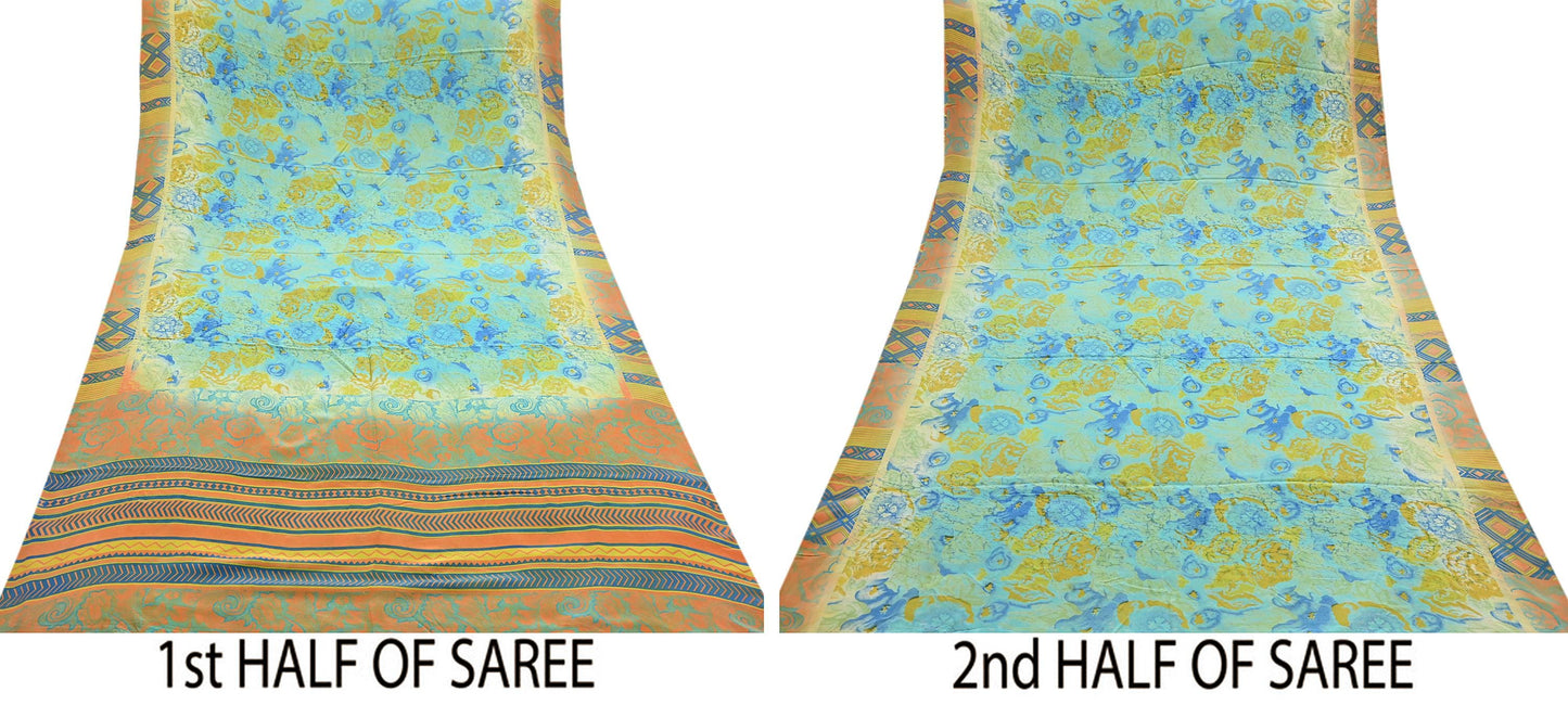 Indian Vintage Sari Green & orange Pure Crepe Silk Block Printed Sarees 6yd Sewing Floral Craft Fabric Wrap Dress Making Crafting Quilting