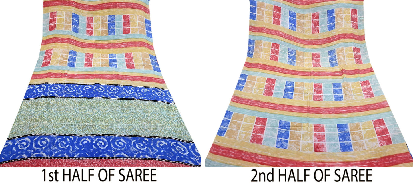 Indian Vintage Sari Multi Pure Crepe Silk Printed Saree 5yard Sewing Geometric Craft Fabric Wrap Dress Making Crafting Quilting