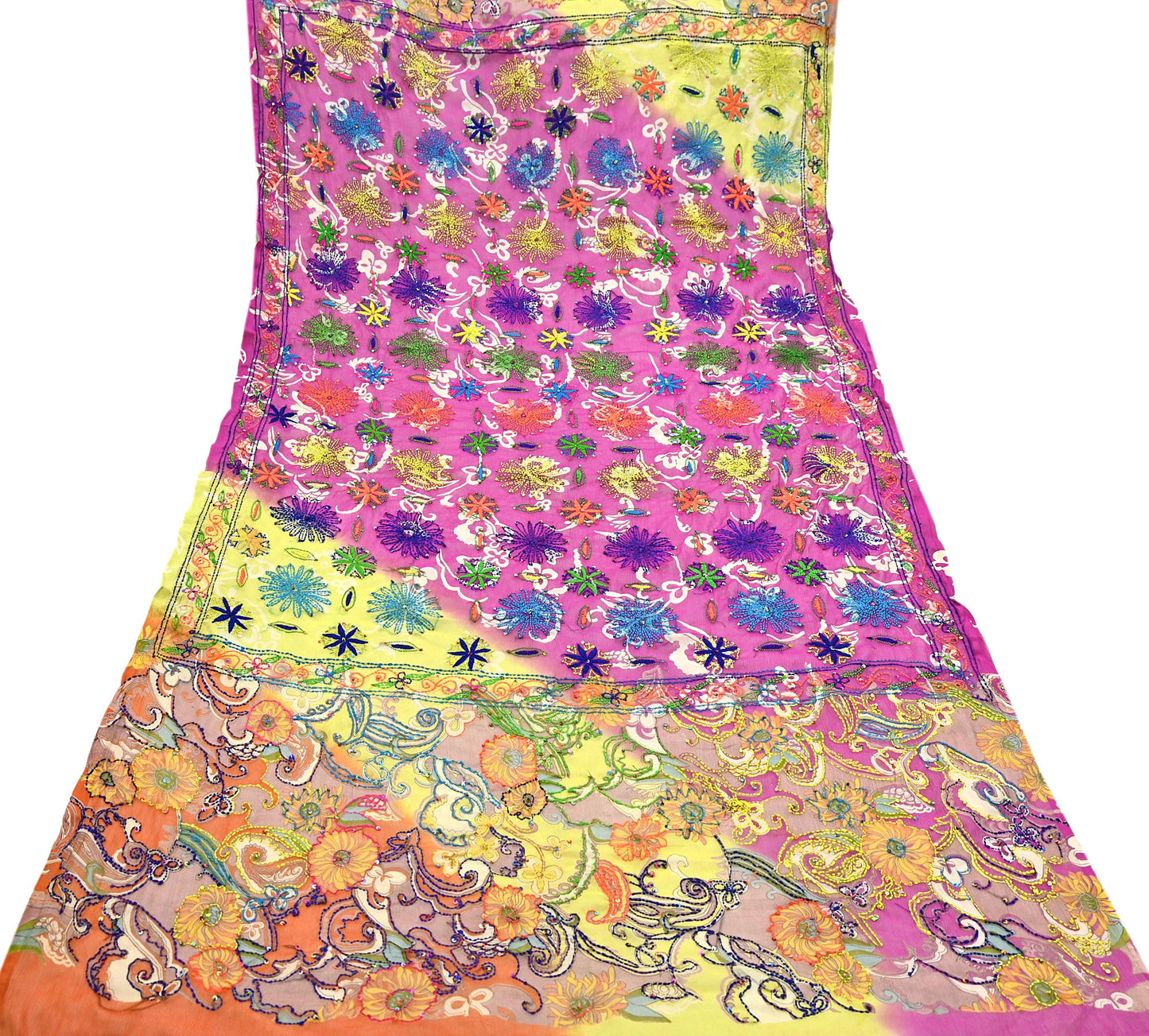 Indian Vintage Dupatta Long Stole Hand Embroidered kantha stole Georgette Scarves Veil Wrap Soft Floral Sequins