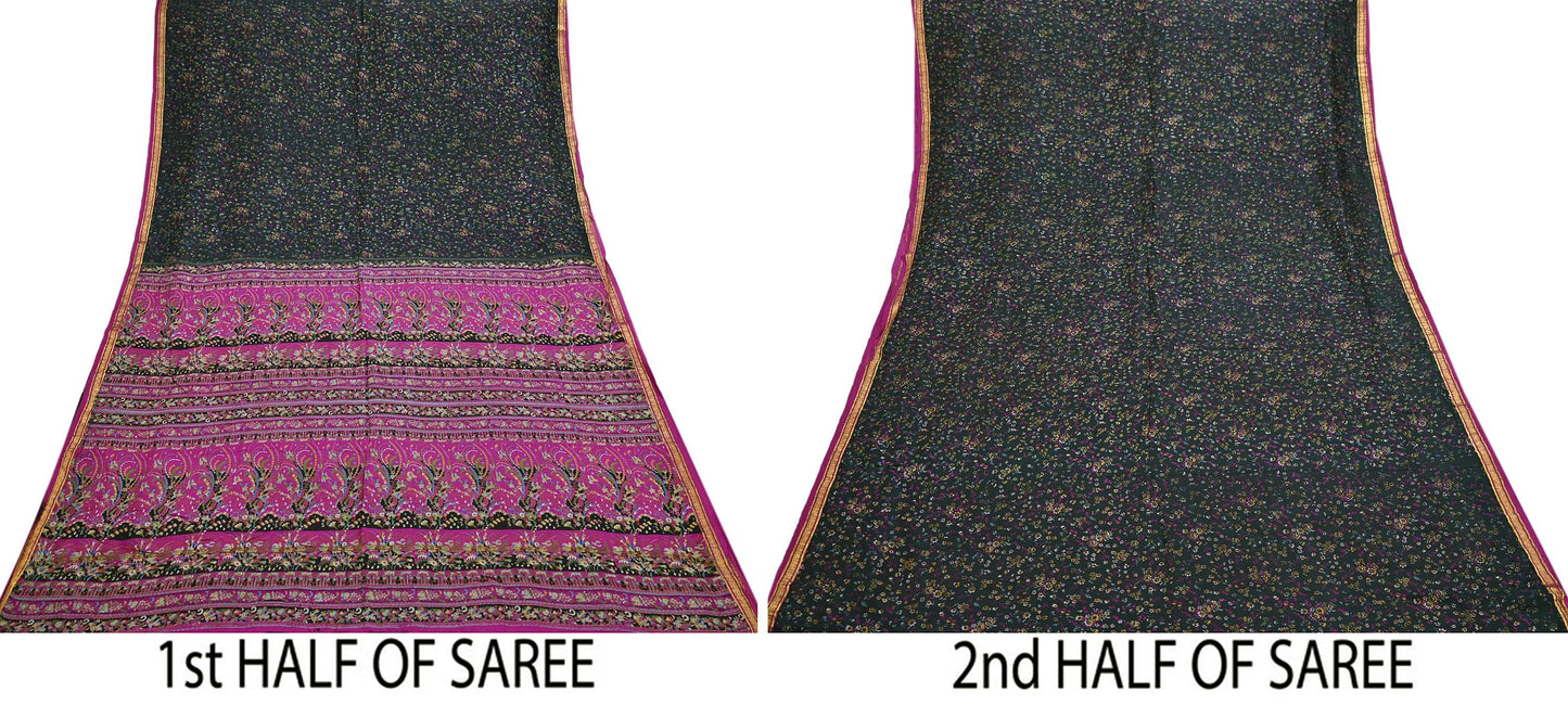 Vintage Black & Purple Pure Silk Saree Indian Printed Silk Fabric 5 Yards Boho Craft Material for Sewing, Quilting, Dressmaking, Upcycling