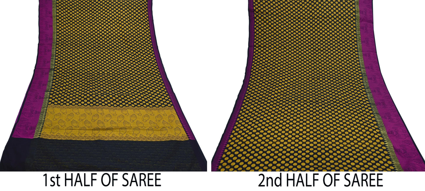 Indian Vintage Black Saree Artificial Silk Hand woven Sari Craft Fabric 5Yd Sewing Stripes Dress making Crafting Quilting Fringes