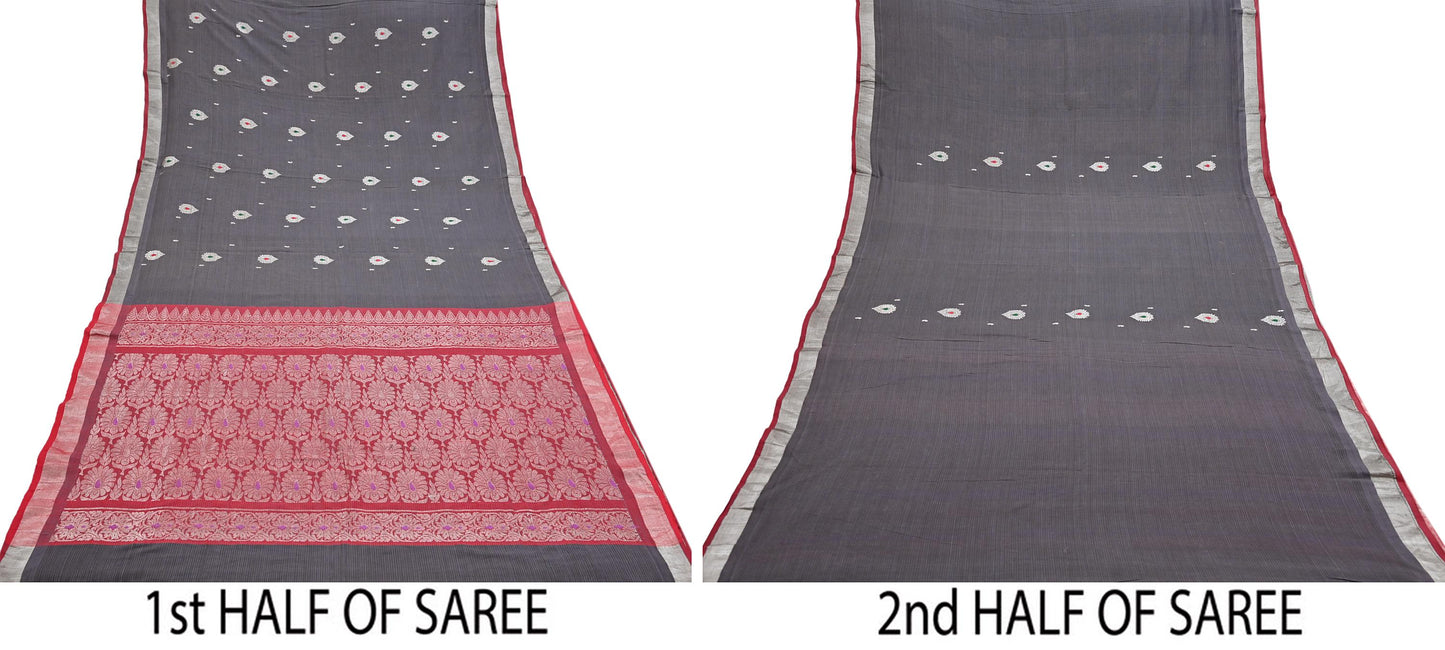 Indian Vintage Sari Red & Brown Pure Cotton Hand Woven Sarees Craft Fabric 5yd Ethnic Crafting Upcycle Quilting Dress Making Quilting Zari