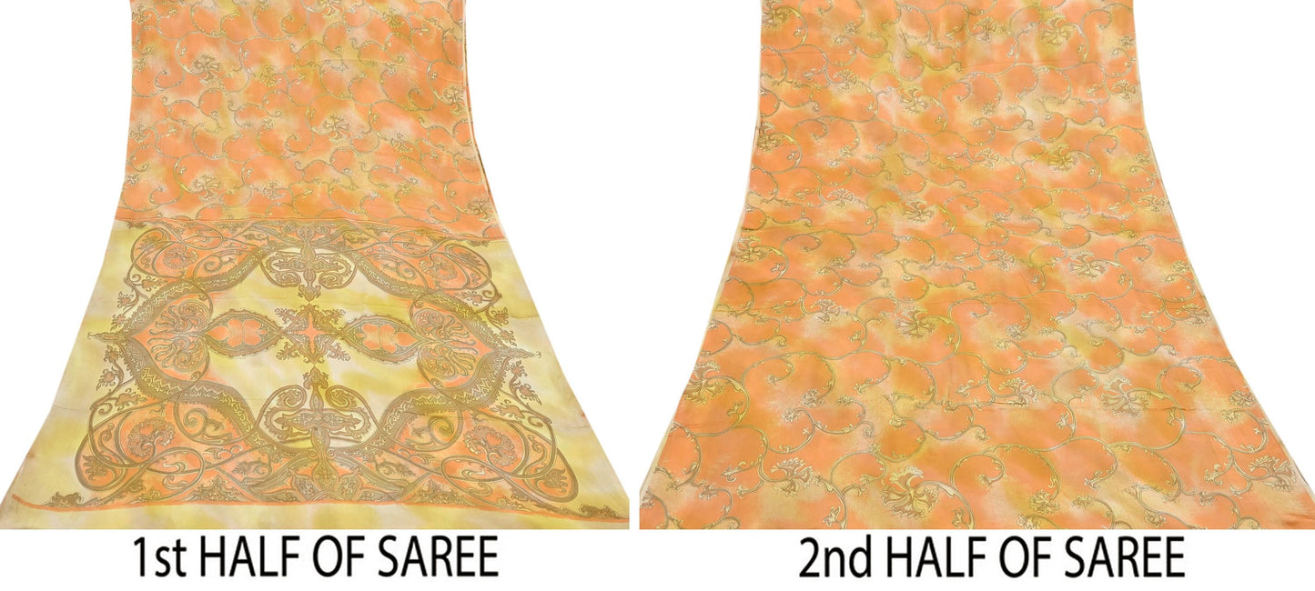 Indian Vintage Sari Orange & green Printed 100% Pure Satin Silk Sarees 5yd Sewing Craft Fabric Dress Making Wrap Upcycle Quilting Crafting