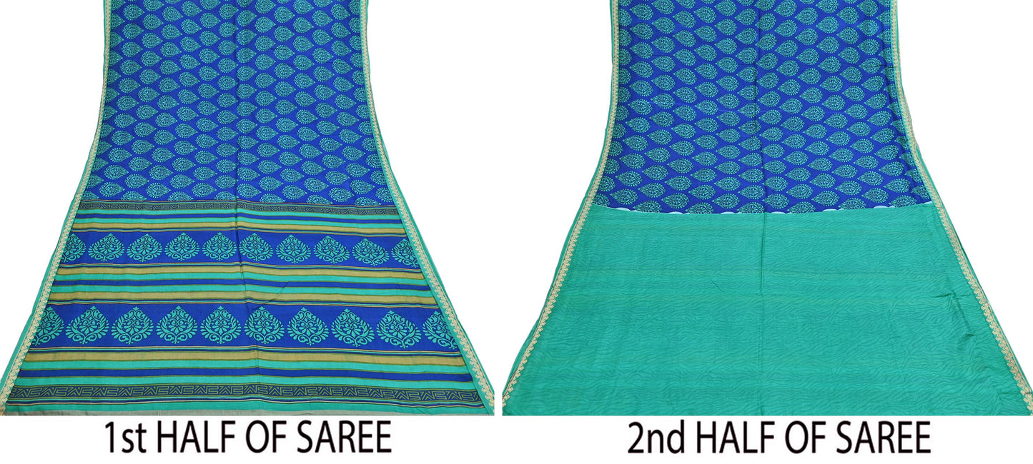 Vintage Blue & green Pure Silk Saree Indian Printed Silk Fabric 6 Yards Boho Craft Material for Sewing, Quilting, Dressmaking, Upcycling