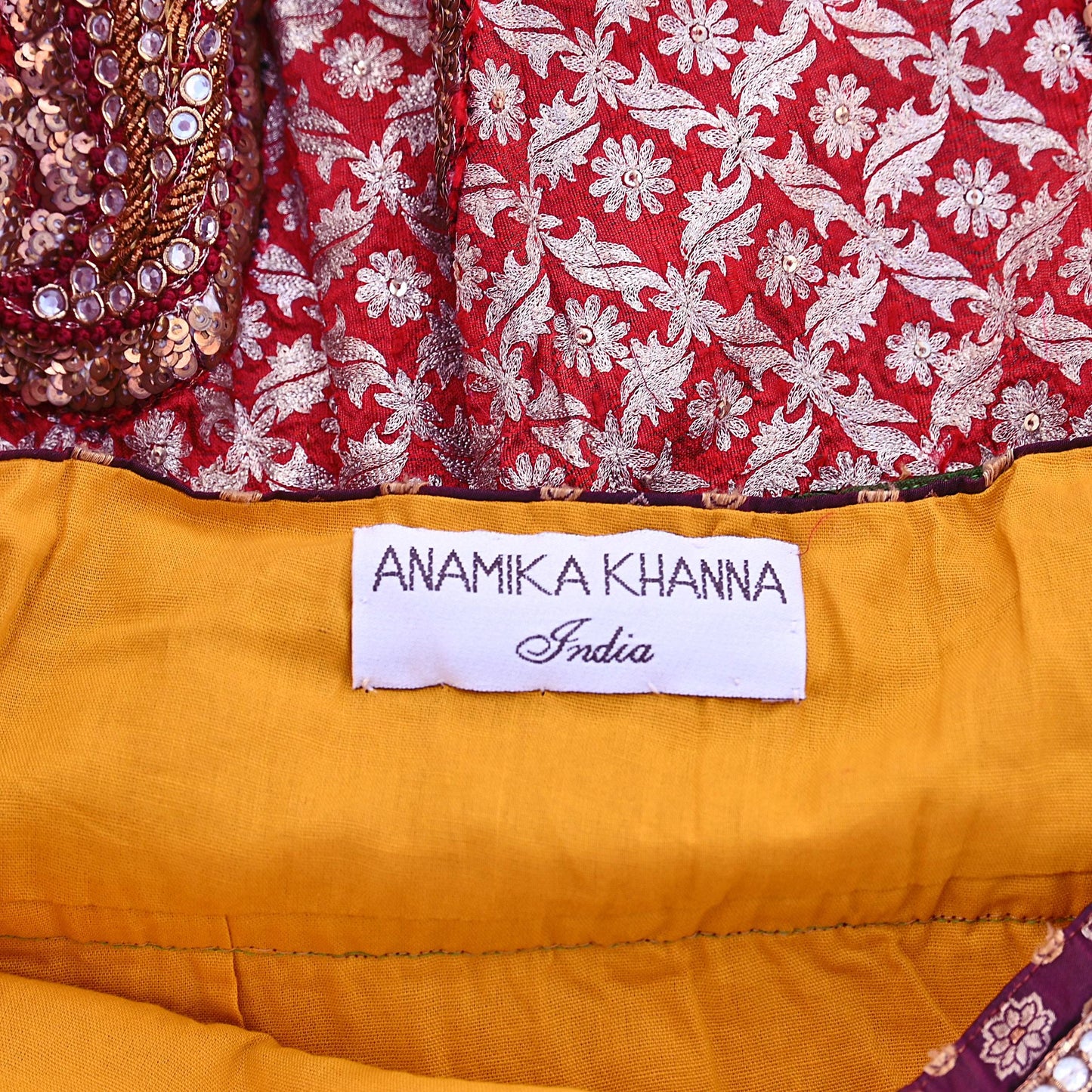 Indian Pre-owned Heavy Wedding Hand Embroidered Designer By Anamika Khanna Lehenga/Skirt Bridal Wear Saffron Pure Satin Silk