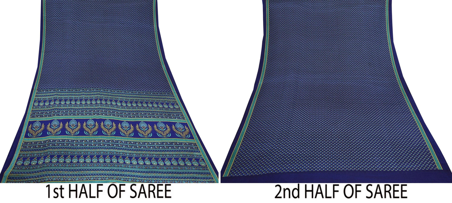 Indian Vintage Blue Moss Crepe Saree Printed Floral Sari Fabric 6 Yards Soft Craft Fabric for Sewing, Dressmaking, Quilting,Upcycling