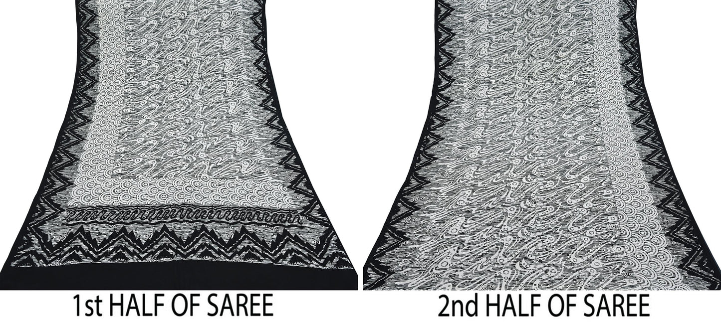 Indian Vintage Black & white Pure Crepe Silk Saree Abstrct Print 5 Yards Soft Sewing Fabric for Dressmaking, Quilting, Crafting Upcycling