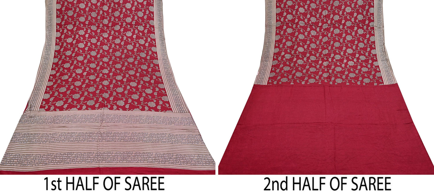 Indian Vintage Sari Red & Brown 100% Pure Silk Printed Sarees 6yd Craft Fabric Sewing Soft Dress Making Floral Quilting Crafting Upcycle