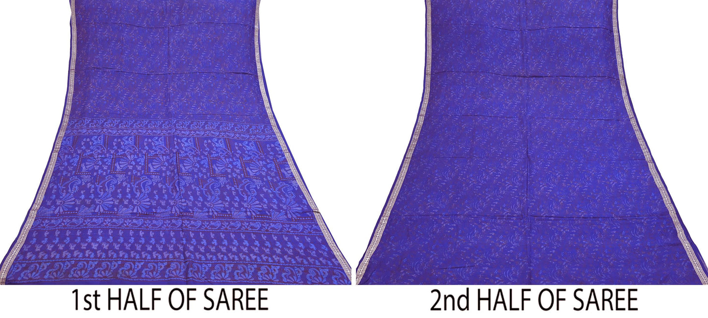 Vintage Blue Pure Silk Saree Indian Printed Silk Fabric 5 Yards Boho Craft Material for Sewing, Quilting, Dressmaking, Upcycling