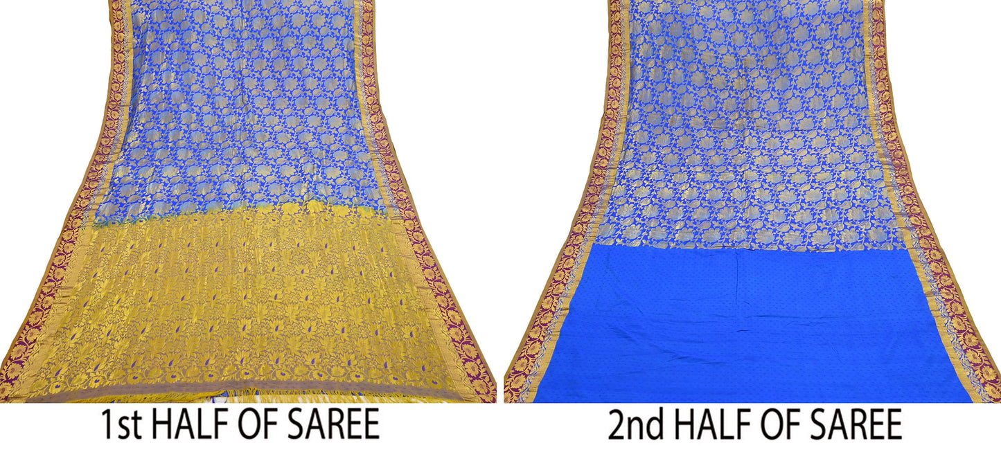 Indian Vintage Heavy Royal Blue & green Kanjivaram Saree 100% Pure Silk Sari Metallic Golden Zari 6Yd Floral Crafting with blouse fabric