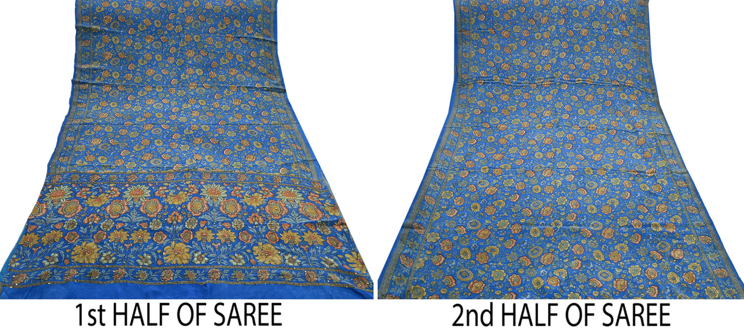 Indian Vintage Sari Blue Pure Crepe Silk Hand Embroidered Saree 5yd Sewing Floral Craft Sequins Dress making Crafting Quilting