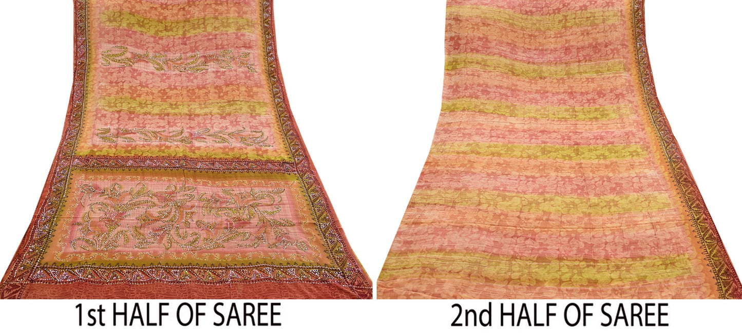 Indian Vintage Sari Brown & Green Pure Crepe Silk Hand Embroidered Saree 5yd Sewing Floral Craft Sequins Dress making Crafting Quilting