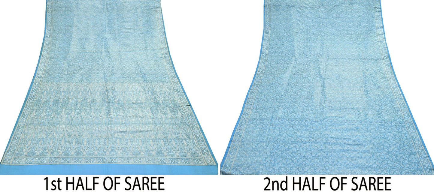 Indian Vintage Sari Blue Heavy Pure Satin Silk Woven Banarasi Tanchoi Saree 5Yd Ethnic Craft Fabric Upcycle Bridal Heavy Sarees
