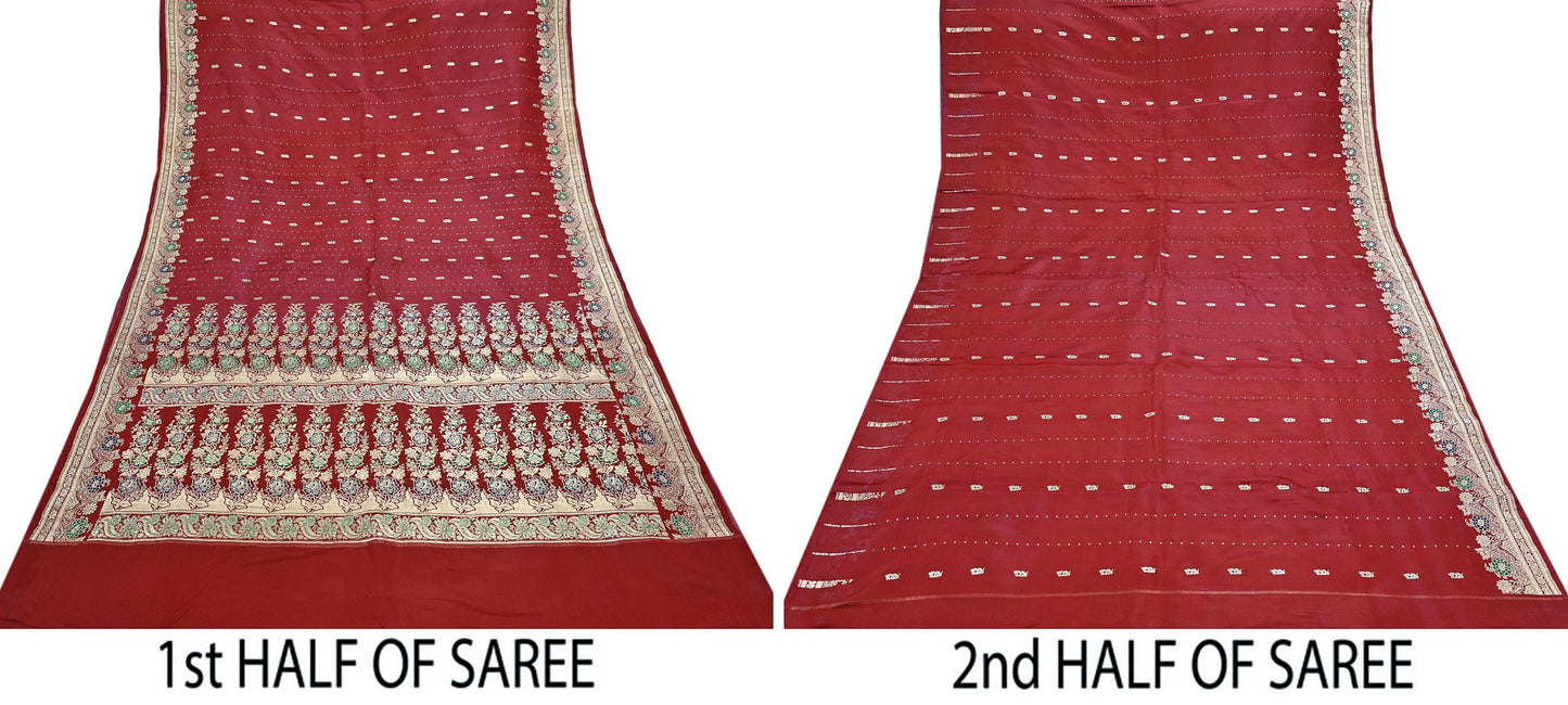 Indian Vintage Sari Red Heavy Wedding Pure Satin Silk Woven Banarasi Brocade Saree Zari 5Yd Craft Fabric Ethnic Dress making Crafting