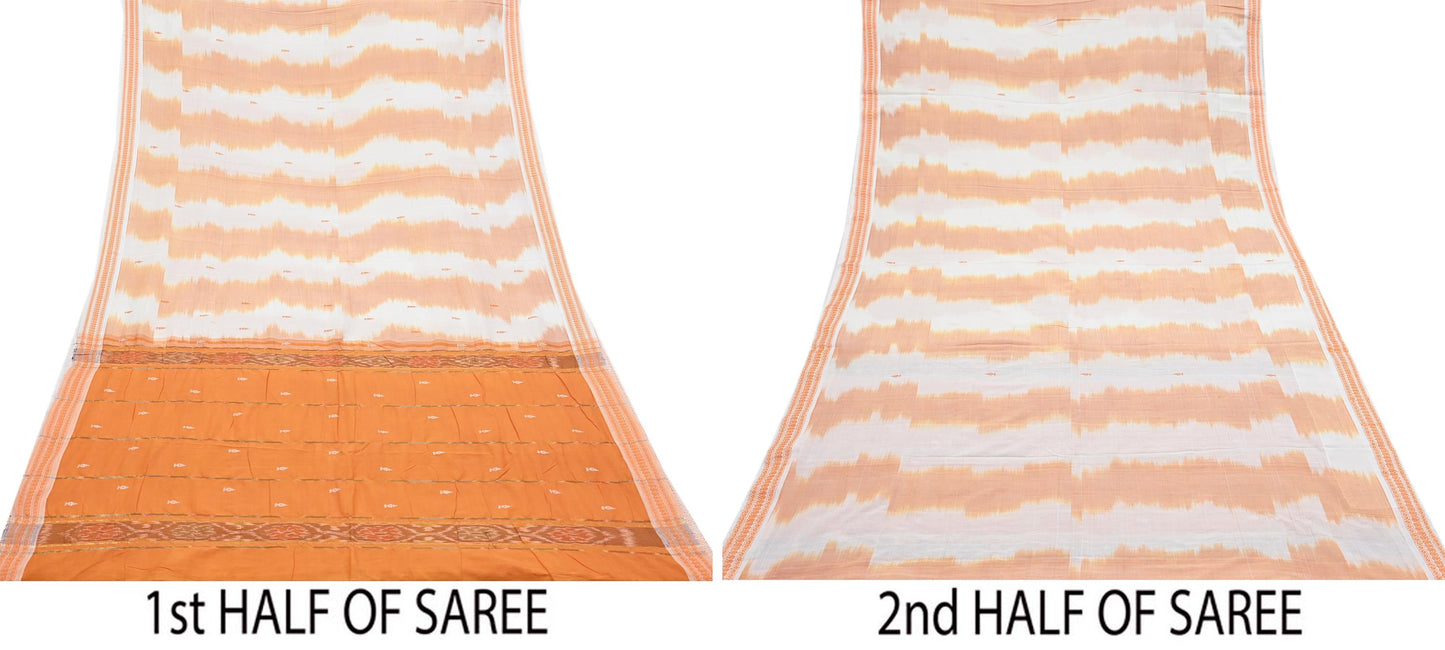 Indian Vintage Sari Orange & White Hand woven Sambalpuri Ikat Sarees Pure Cotton Craft Fabric 5Yd Ethnic Chackra Border Dress Making Upcycle