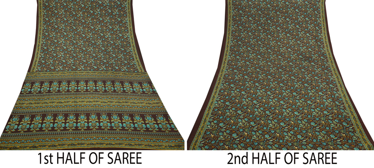 Indian Vintage Brown Moss Crepe Saree Printed Floral Sari Fabric 6 Yards Soft Craft Fabric for Sewing, Dressmaking, Quilting,Upcycling