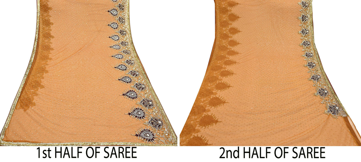 Indian Vintage Heavy Sari Saffron Net/Mesh Hand Embroidered Sarees Craft Fabric 6Yd Sewing Soft Zardozi Wedding sarees With Blouse fabric