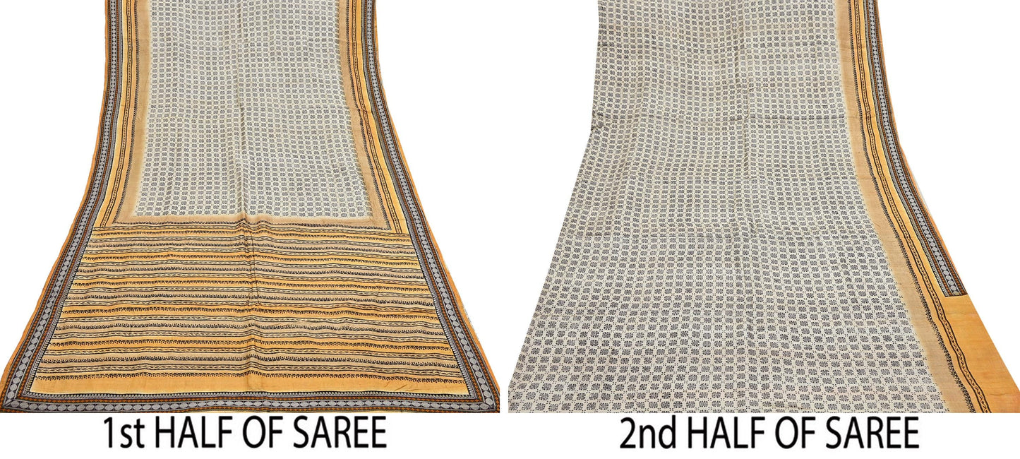 Indian Vintage Saree Ivory & Saffron Pure Khadi Silk Handloom Hand woven Sari Fabric 5yard Ethnic Dressmaking Crafting Upcycle Quilting