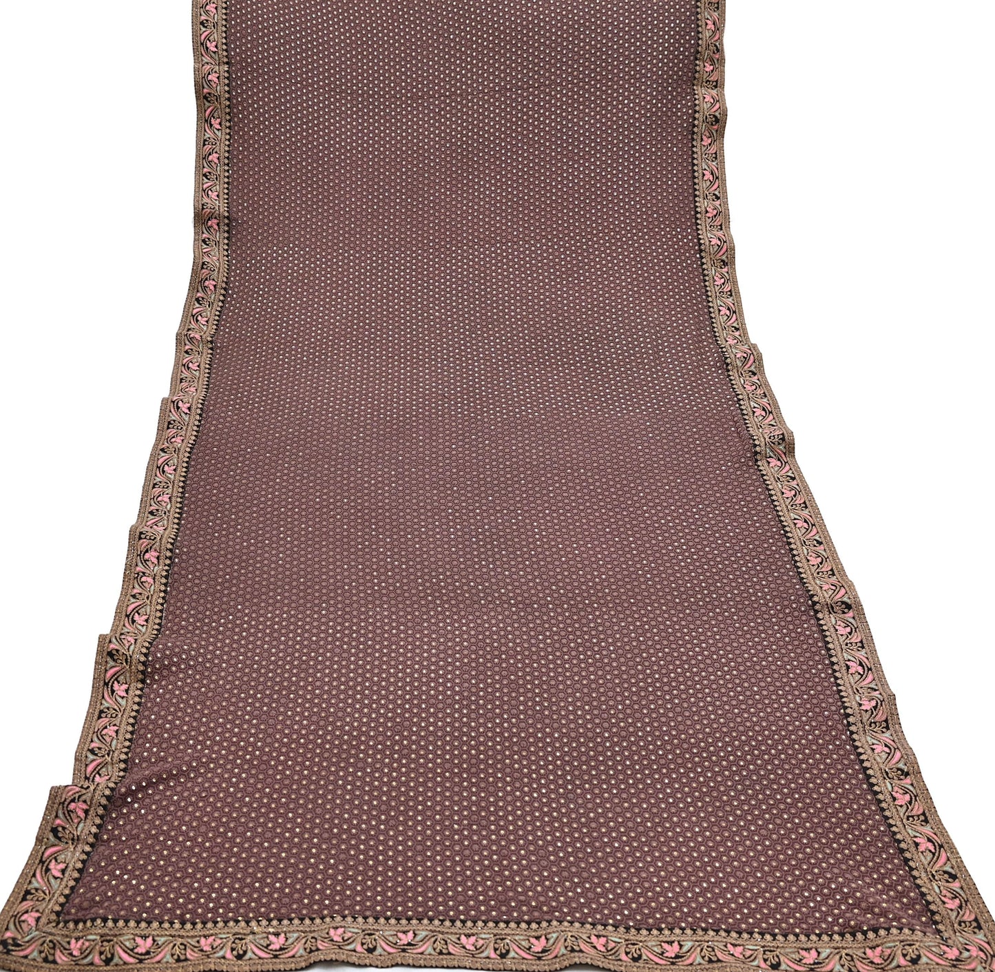 Indian Vintage Dupatta Brown Long Stole Pure Georgette Silk Embroidered Scarves Veil Hijab Floral