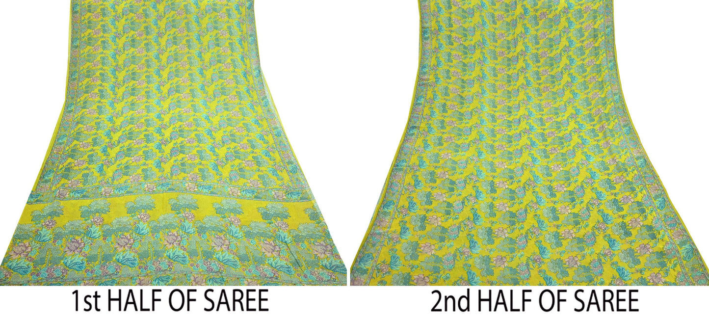 Indian Vintage Green Saree 100% Pure Georgette Silk Printed Sari Sewing 5yd Craft Fabric Dress Designing for Dress making