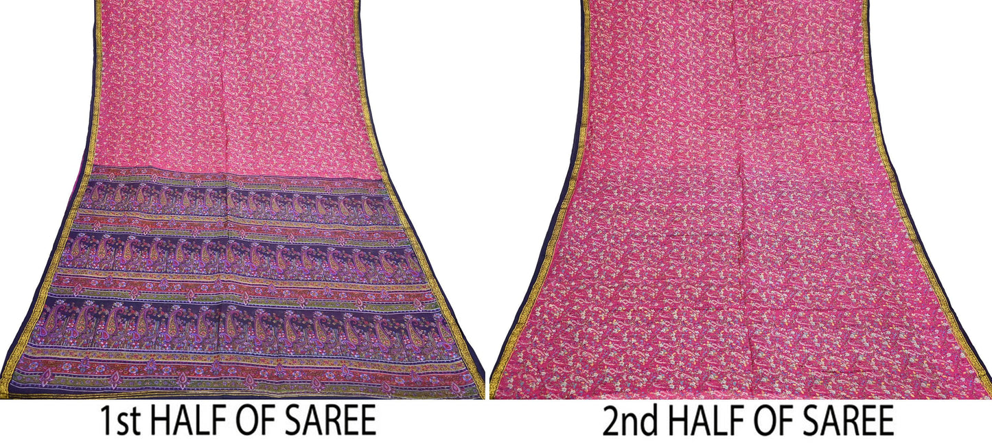 Vintage Blue & pink Pure Silk Saree Indian Printed Silk Fabric 5 Yards Boho Craft Material for Sewing, Quilting, Dressmaking, Upcycling