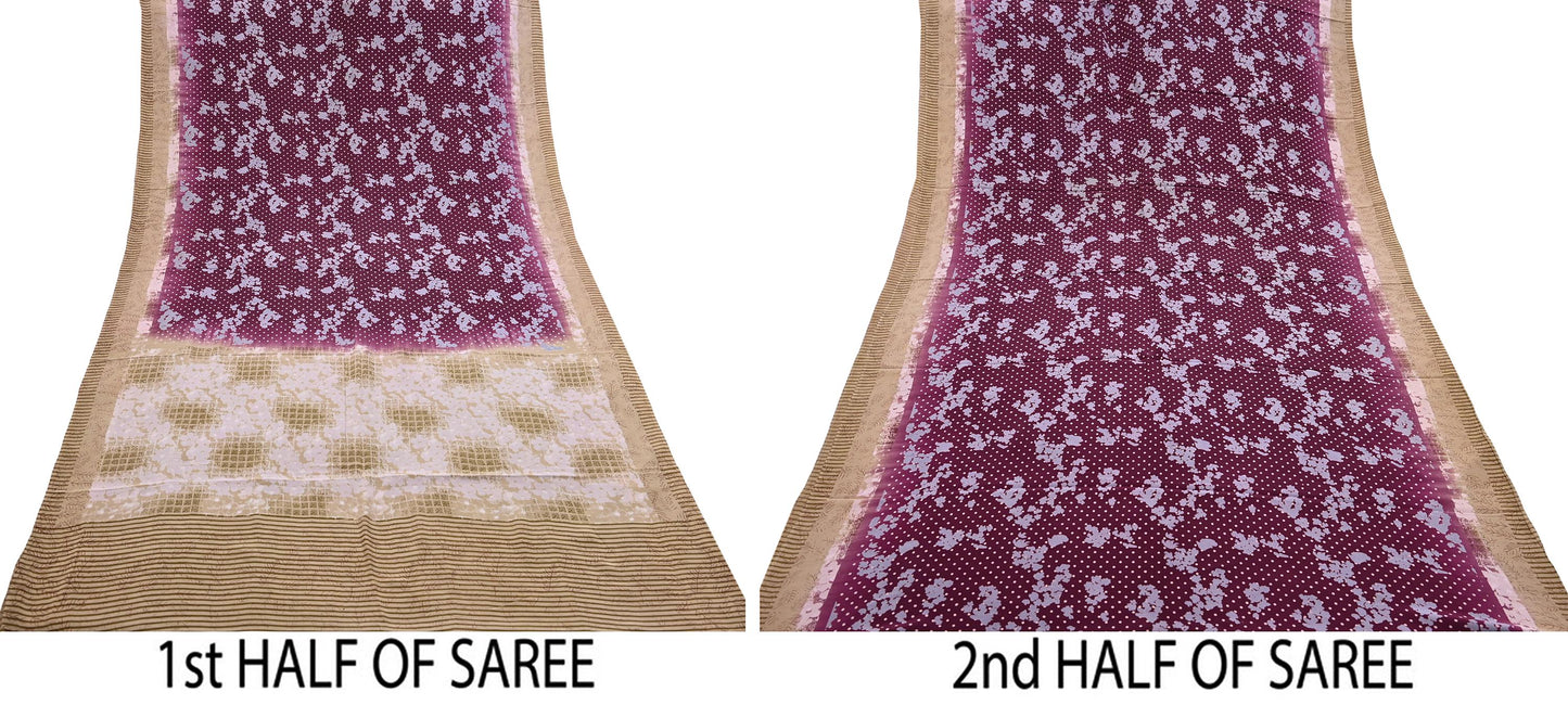 Indian Vintage Sari Maroon & Brown Pure Crepe Silk Printed Saree 5yard Sewing Quilting Floral Soft Craft Fabric Wrap