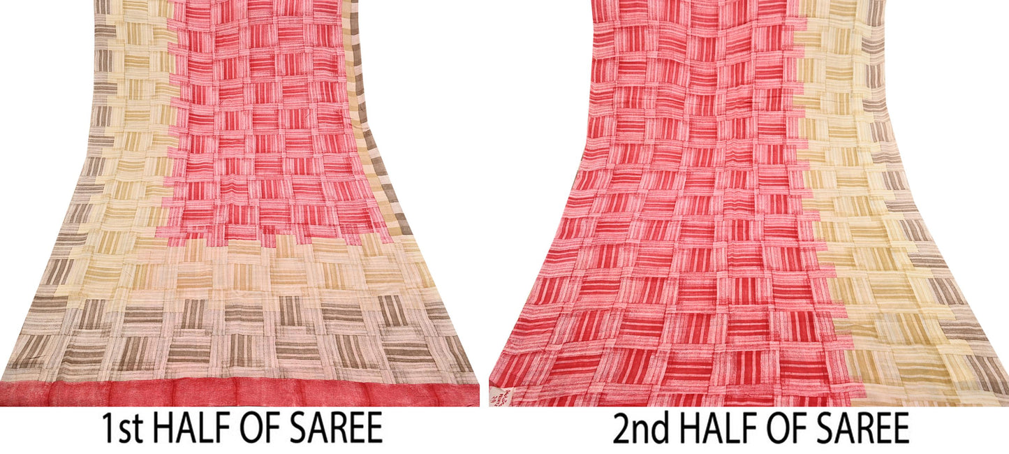 Indian Vintage Sari Red & brown Pure Crepe Silk Printed Saree 6yard Sewing Geometric Craft Fabric Wrap Dress Making Crafting Quilting