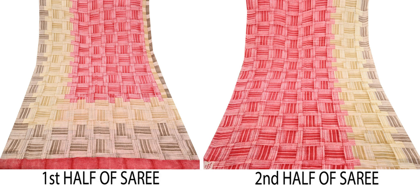 Indian Vintage Sari Red & brown Pure Crepe Silk Printed Saree 6yard Sewing Geometric Craft Fabric Wrap Dress Making Crafting Quilting